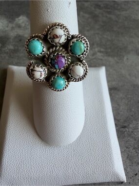Multi-Stone Cluster Ring in White Horse, Purple & Blue Turquoise- Adjustable